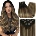 Full Shine Real Human Hair Extensions Clip ins 12 Inch Brown Balayage Clip in Hair Extensions Dark Brown Ombre Caramel Blonde Straight Hair Clip ins 7 Pcs 95 G