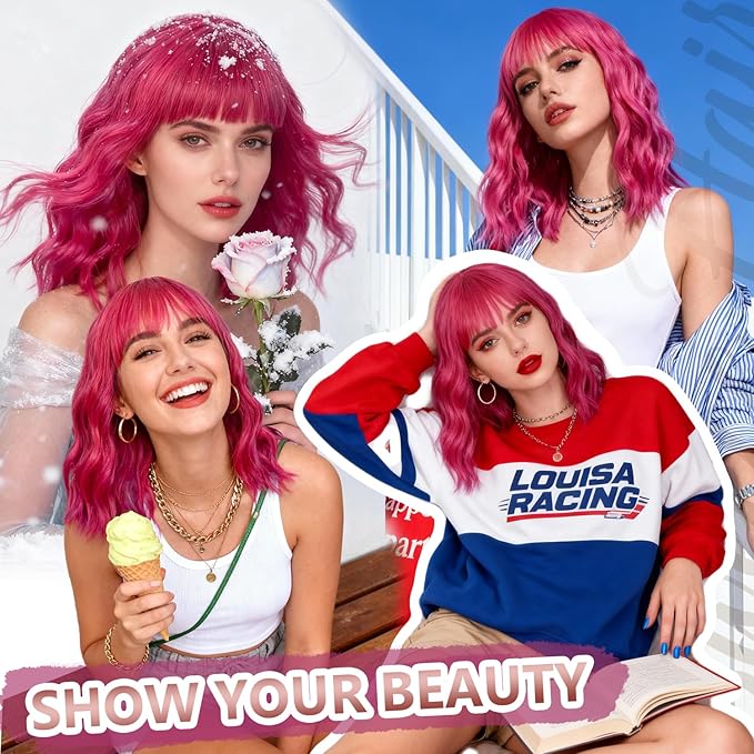 Bob Wig With Bangs Wave Wigs for Women 14 Inch Short Loose Wavy Heat Resistant Synthetic Wig Shoulder Length Hair for Daily and Cospaly Party Use (Rose mixed Purple)