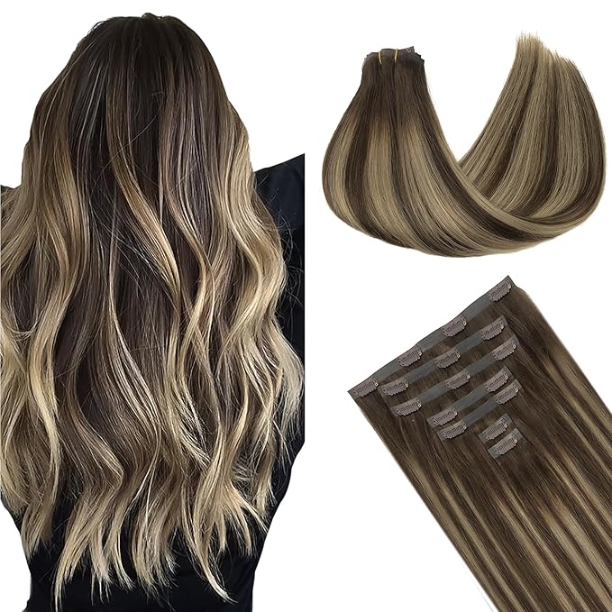 GOO GOO Clip in Hair Extensions Real Human Hair, Remy Human Hair Extensions Clip ins for Women, Natural Human Hair, 12inch 85g 7Pcs, #4/26/4 Balayage Chocolate Brown to Honey Blonde