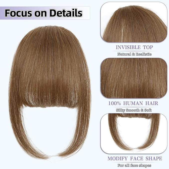 Wispy Bangs Hair Clip, 100% Human Hair Clip In Moca Brown Bangs for Women, Soft Layered Fake Bangs with Feathered Fringe, Easy Clip-On Design for Daily Wear & Halloween