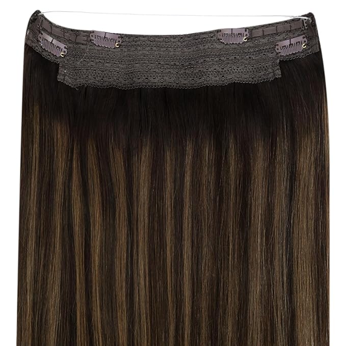 YoungSee Human Hair Wire Extensions Balayage Wire Hair Extensions Real Human Hair Balayage Darkest Brown to Medium Brown Straight One Piece Hair Extensions 18In 80G