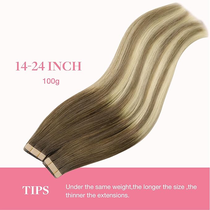GOO GOO Tape in Hair Extensions Human Hair, 3/8/613 Walnut Brown to Ash Brown and Bleach Blonde, 16inch 100g 40pcs, Skin Weft Seamless Invisible, Silky Straight with Thick Ends, Remy Human Hair