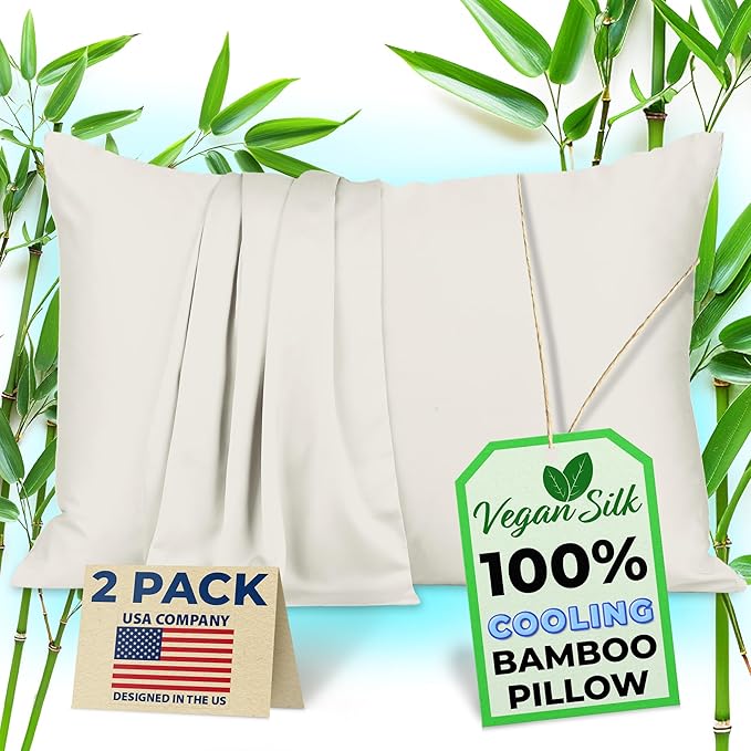 Pillow Cases - 100% Viscose Derived from Bamboo - Cooling Pillowcase - King Size, Cream, Set of 2 Zippered - for Hot Sleepers - Soft Pillow Covers - by Vegan Silk
