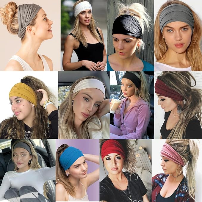 6 Pack Extra Wide Headbands for Women's Hair Band Stretchy Turban Girls Styling Accessories Headband Sports Headbands Trendy Head Bands for Women（Black,Beige, Army green,Red,Dark Gray,Turmeric）