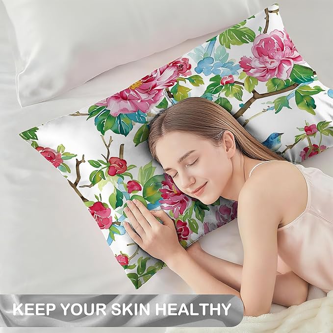 Satin Pillowcase 1 Pack-Pink Roses Flowers and Red Birds Silky Pillow Cover for Hair and Skin,Standard Size 20x26 Inch Soft Cooling Printed Pillow Cases with Hidden Zipper,Gifts for Women Men