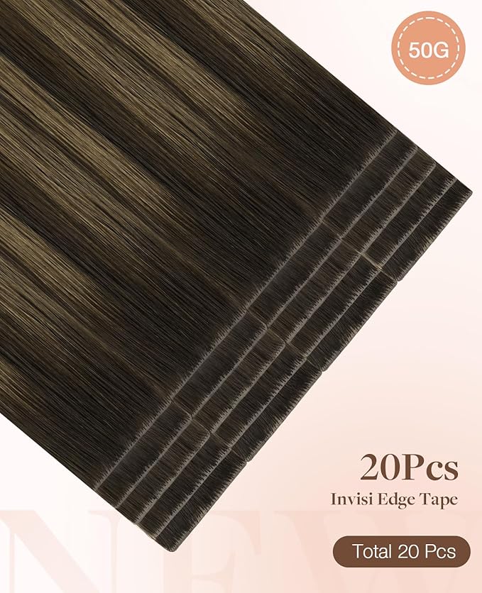 GOO GOO Invisi Edge Tape in Hair Extensions Human Hair, 2/6/2 Balayage Dark Brown to Chestnut Brown, 20pcs 18inch 50g, Virgin Remy Hair, Seamless Injected Tape, Natural Look