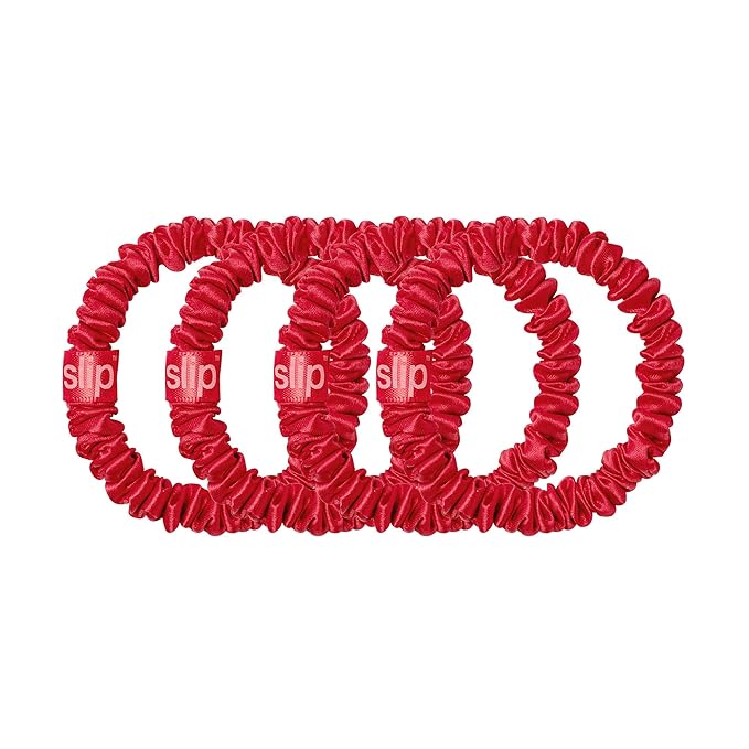 slip Skinny Scrunchies: Anti-Crease, Anti-Breakage Slipsilk™ Design Protects Delicate Hair | Includes 4 Pure Silk Scrunchies: Red