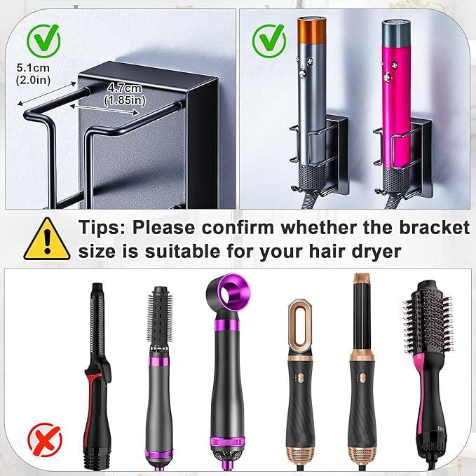 Blow Dryer Holder Wall Mount Hair Dryer Holder, Adhesive Straightener Holder, Curling Iron Holder for Bathroom Salon Barber Shop, Flat Iron Holder, Hair Tools Organizer Storage (Black)