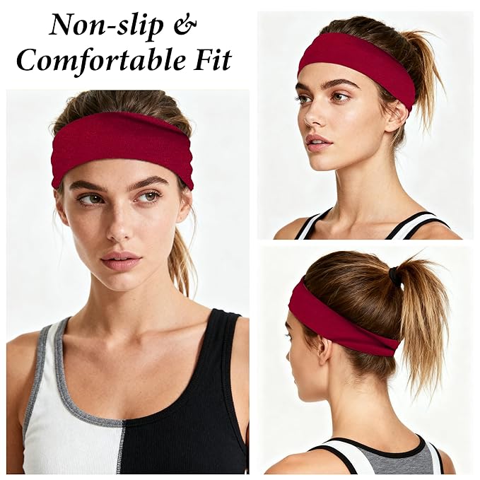 Sweat Bands Headbands for Women's Hair - 6 Pack Workout Wide Headband for Women Non Slip, Stretchy Athletic Head Band, Elastic Soft Fabric Hairbands, Sweatbands for Yoga Running Gym Sports Exercise