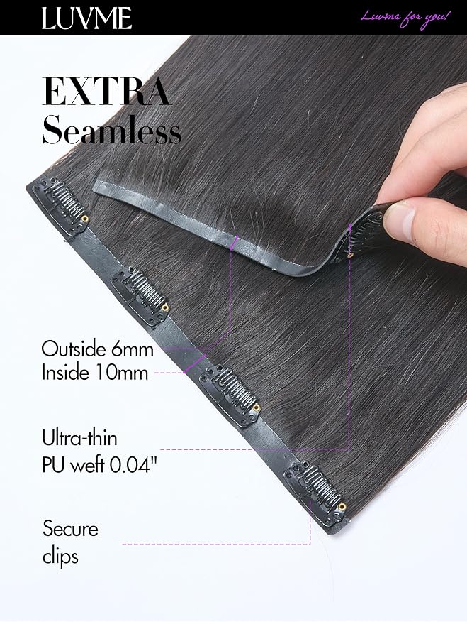 LUVME Straight Seamless 110g 7Pcs Clip in Hair Extensions Full Max with 16inch Remy Human Hair Extensions, Natural Black 100% Real Soft Human Hair