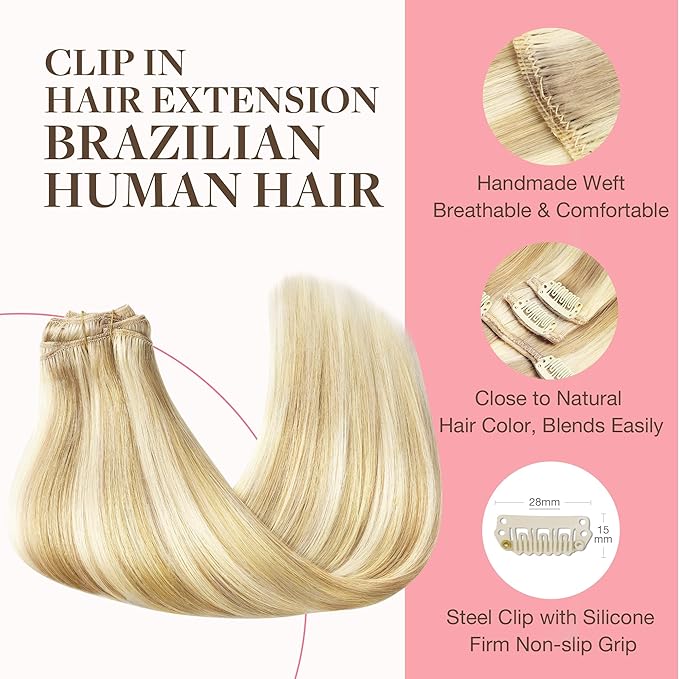 GOO GOO Clip in Hair Extensions Real Human Hair, Remy Human Hair Extensions Clip ins for Women, Natural Human Hair, 20inch 120g 7Pcs, 18D/22F Dirty Blonde Highlights