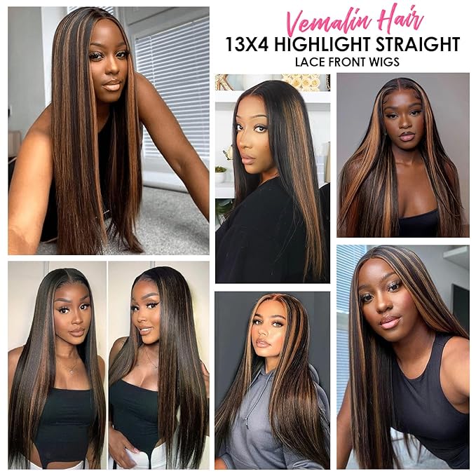 Straight Wigs Human Hair 1B/30 Highlight Ombre Lace Front Wig Human Hair 13x4 Transparent Lace Frontal Black with Brown Highlight Wig for Women 200 Density Glueless Wigs 24 Inch