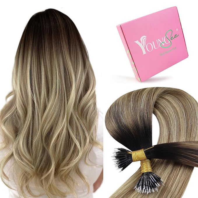 YoungSee Nano Ring Hair Extensions Real Human Hair Ombre Dark Brown to Blonde Nano Loop Real Hair Extension Cold Fusion Natural Hair Extensions Nano for Women Long Straight Hair 22in 1g/s 50g