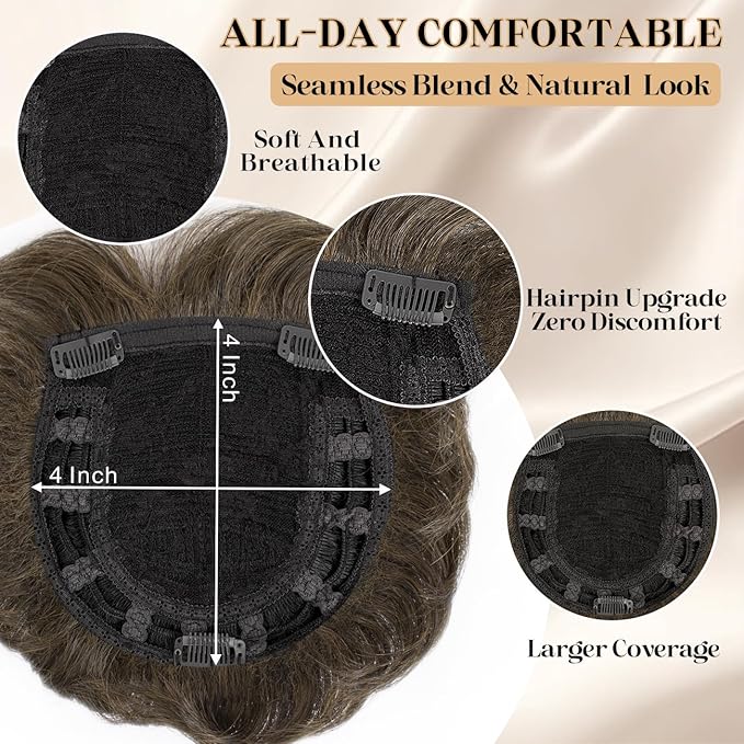 Short Hair Topper for Thinning Hair 4 Inch Short Pixie Cut Toppers Pieces Natural Curly Synthetic Wiglets Hairpieces (Dark Golden Brown, 4 inch)