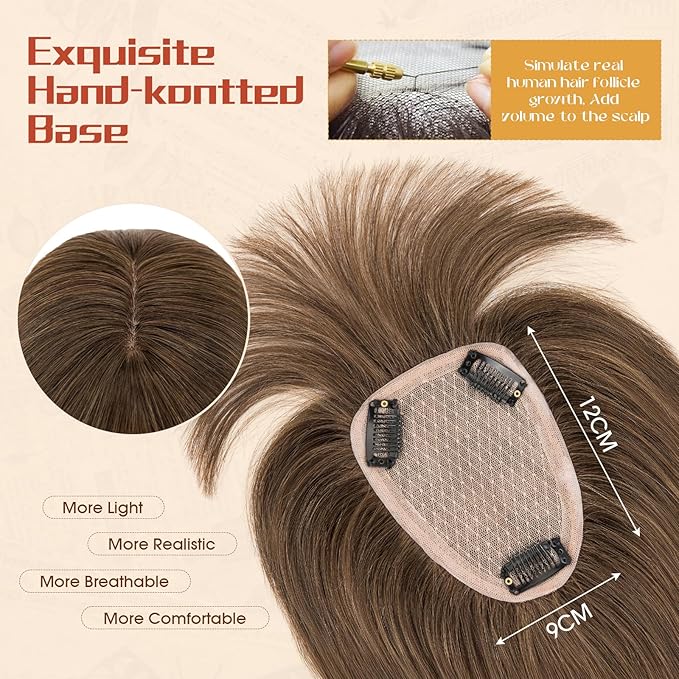 Rich Choices Human Hair Toppers for Women-100% Real Remy Hair Topper with 3D 360°Bang-Upgraded 150% Density 9 * 12CM Lace Base-Clip in Hairs topper for Thinning Hairs-10Inch #2 Dark Brown