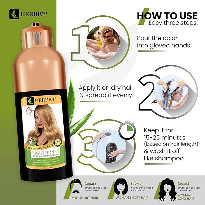 HERBBY Hair Color Shampoo for Gray Hair Coverage&Color Transform with 9 Herbal Extracts –Long Lasting(6-8 Weeks),Shiny,Evenly Colored,Instant Hair Dye Shampoo&Conditioner, 500 Ml (LIGHT HONEY COLOR)