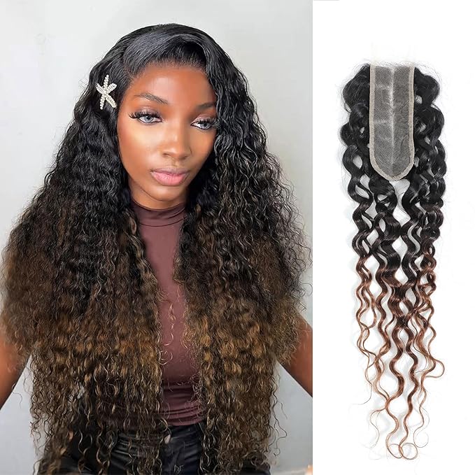 T1B/2/30 Ombre 2x6 Water Wave Lace Closure 100% Real Human Hair 18 Inch Chestnut Brown Ombre Water Wave Transparent Lace Closure