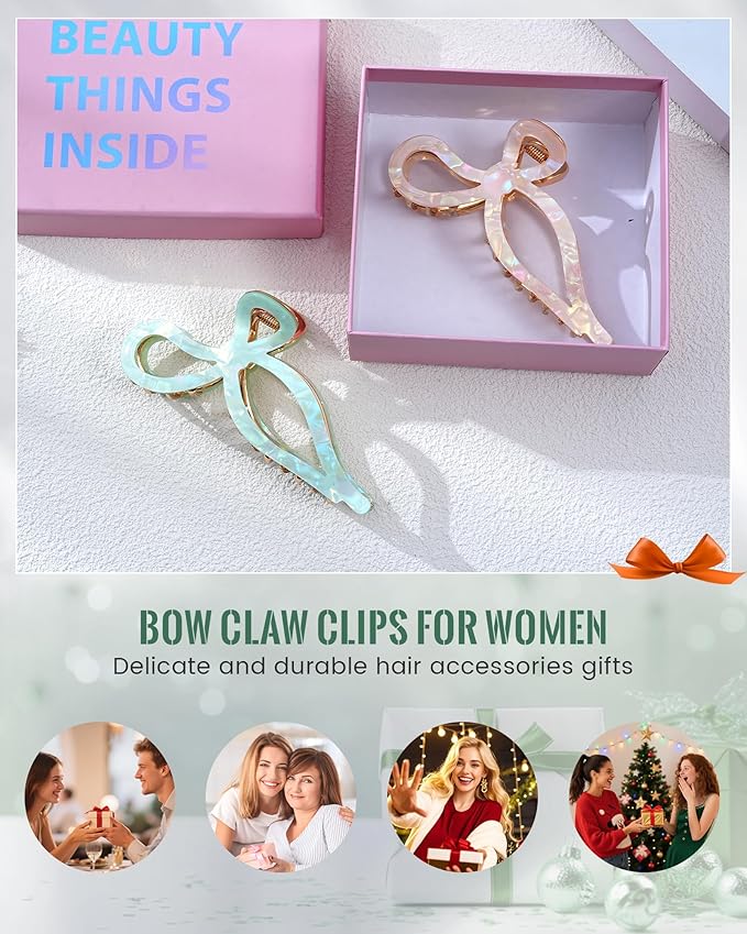 ACECHA 2 Pack Gold Metal Bow Hair Claw Clips for Women, 4.5" Colorful Non-slip Hairclips for Thick Thin Hair Claws Strong Hold Styling (Mermaid)