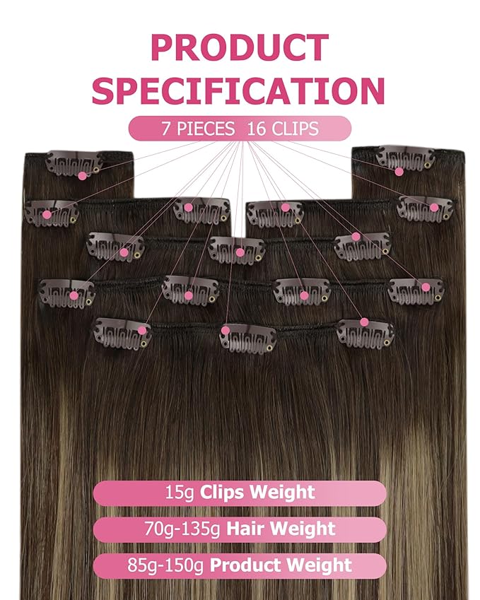 YoungSee 150G Clip in Hair Extensions Real Human Hair Balayage Brown Hair Extensions Clip ins Clip on Extension Real Human Hair Long Straight Hair Balayage Chocolate Brown Mix Caramel Blonde 24in 7pcs