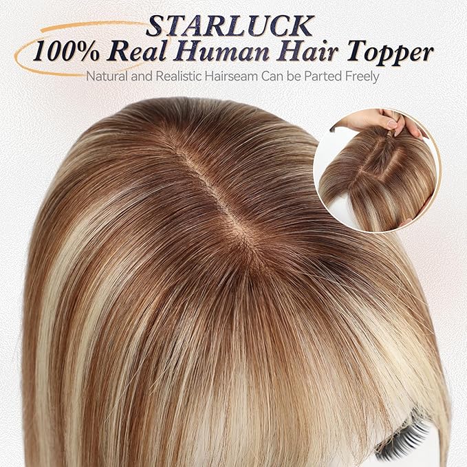 starluck Human Hair Toppers for Women Real Human Hair With Bangs 4 * 5.5 inch Base 12 inch SilkHug Hair Topper for Women Cover Grey Roots(Brown with Blonde Highlight)