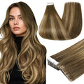 Full Shine Injection Tape in Hair Extensions Color 4/24/4 Brown Fading to Blonde and Brown 16 Inch Invisible Skin Weft 40G 20 Pcs Machine Remy Seamless Tape in Hair Extensions Add Volume