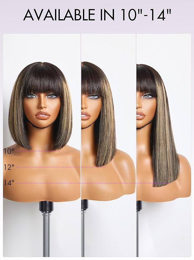 LUVME HAIR 12 Inch Blonde Highlight Bob Human Hair Wig with Bangs Glueless HD Lace Bang Wig True Scalp Ready to Go Silky Straight Highlight Human Hair Short Wig with Bangs (Breathable Cap)