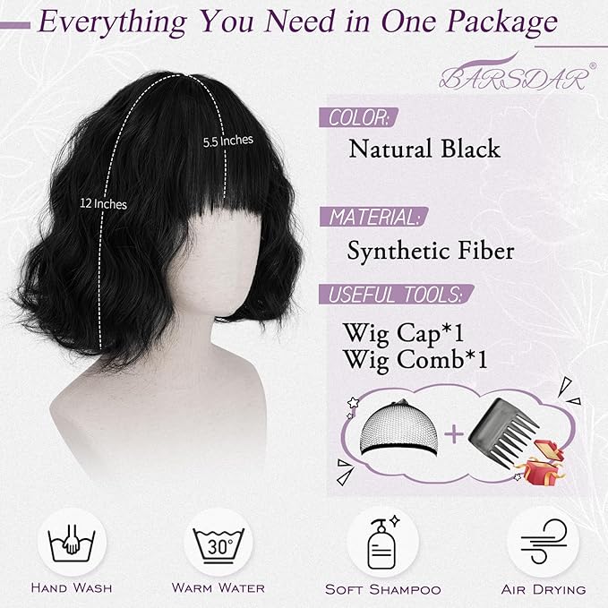BARSDAR Short Wavy Black Wig with Bangs - Short Black Wavy Wigs for Women - Soft Synthetic Textured Curly Chic French Bob Wig with Face-Framing Bangs Natural Looking Daily Party Halloween