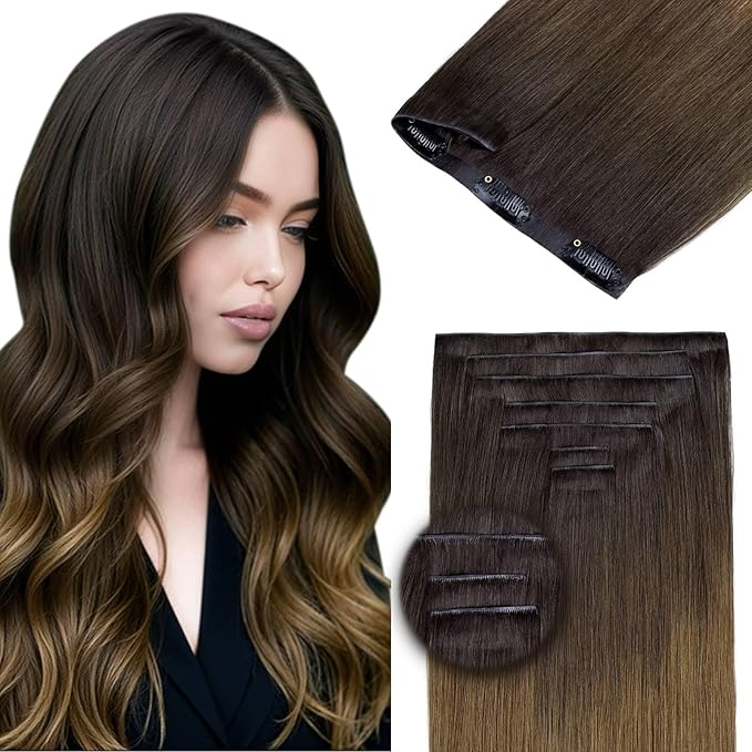 DOORES Invisible Clip in Hair Extensions 22 Inch 150g 7pcs, Real Human Hair Invisi Edge Virgin Clip ins Extensions Straight Thickening, 1D/2C/4E Natural Black to Dark Brown and Chocolate Brown