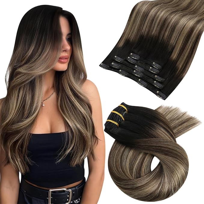 Moresoo Balayage Hair Extensions Clip in Human Hair Highlight Clip in Extensions Remy Human Hair Ombre Off Black Fading to Brown Mixed Golden 5pcs 80g 12Inch