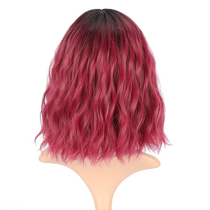 FAELBATY Short Wave Bob pink Wig With Bangs Synthetic Ombre Pink Cosplay Wig for women Halloween Wig Costume Wigs (12" Ombre Dark Red Color)