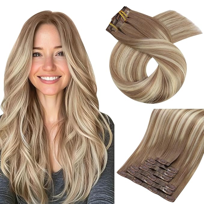 Moresoo Seamless Clip in Hair Extensions Balayage Human Hair Clip in Extensions Seamless Ombre Light Brown Mixed with Golden Blonde 7pcs/120g 18inch