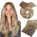 Moresoo Seamless Clip in Hair Extensions Balayage Human Hair Clip in Extensions Seamless Ombre Light Brown Mixed with Golden Blonde 7pcs/120g 18inch