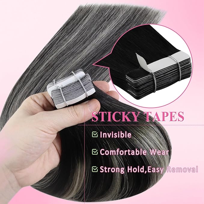 YoungSee Tape in Human Hair Extensions Ombre Black Tape Extensions Human Hair Off Black Ombre Sliver Balayage Tape-in Hair Extensions Real Human Hair 22 Inch 50g 20pcs Long Straight Hair