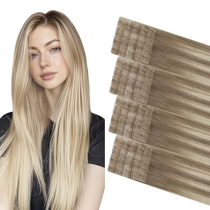 COOKAYU Invisi Edge Tape in Hair Extensions Human Hair, Ash Brown to Platinum Blonde 22Inch 20pcs 50g Straight Remy Seamless Injected Tape in extensions
