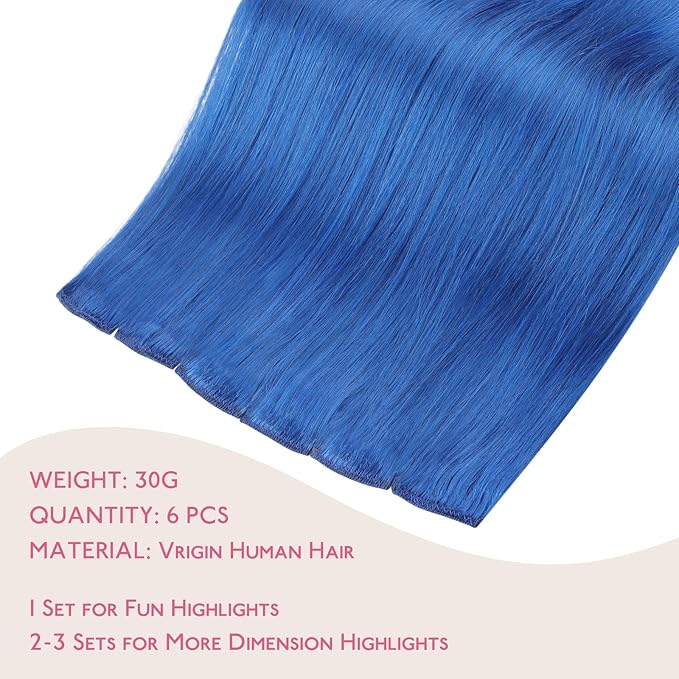 WENNALIFE Blue Clip in Hair Extensions Real Human Hair 35g 6pcs 14 Inch Colored Hair Extensions for Kids Women Colorful Hair Pieces Pop-up Style Straight Extensiones De Cabello Humano Con Clip