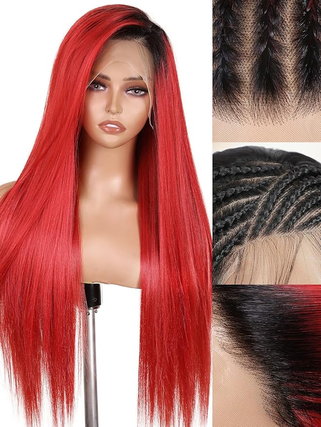 WIGNEE 13x6 Synthetic Lace Front Wig 28" Long Straight Wig Red Kanekalon Futura Synthetic Wigs for Black Women Pre-Plucked Glueless Wig for Daily Party Use