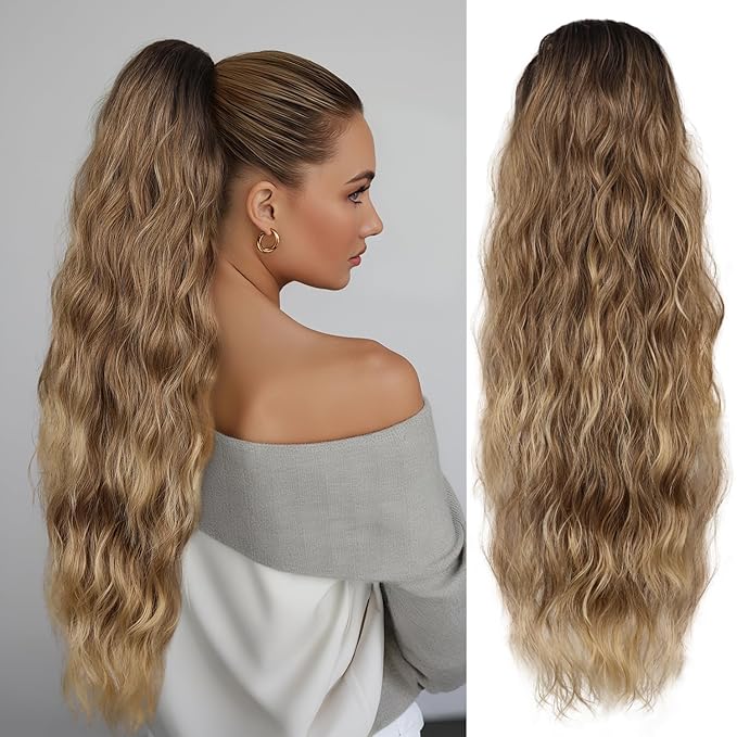 LEEONS 26 inch Drawstring ponytail Extension, Long Wavy pony tails hair extensions for Women - Synthetic Hairpiece Ponytail for Daily Use (Blonde mixed Brown with Dark Roots)