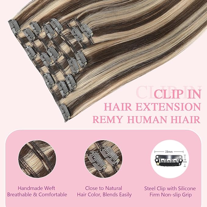 PINKPEARL Clip in Hair Extensions Human Hair 16inch 120g 7pcs Remy Human Hair Extensions Clip in #4P27 Chocolate Brown Highlighted Caramel Blonde Clip Hair Natural Human Hair(#4P27-16)