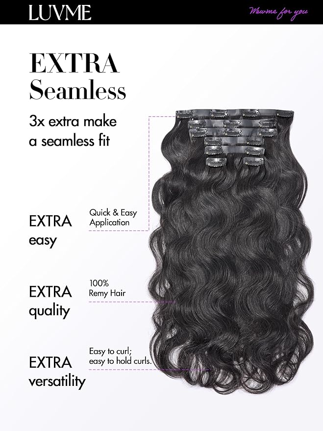 LUVME Body Wave Seamless 110g 7Pcs Clip in Hair Extensions Full Max with 24inch Remy Human Hair Extensions, Natural Black 100% Real Soft Hair