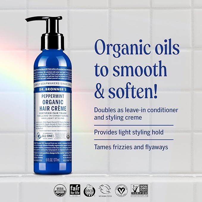 Dr. Bronner's - Organic Hair Crème (Peppermint, 6 Ounce, 2-Pack) - Leave-In Conditioner and Styling Cream, Made with Organic Oils, Hair Cream Supports Shine and Strength, Nourishes Scalp, Non-GMO