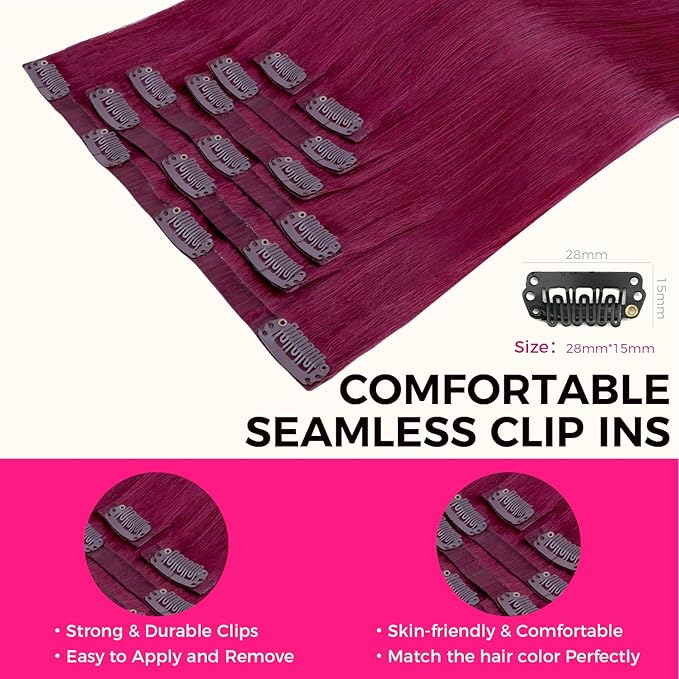 Lashey Seamless Clip in Hair Extensions Human Hair 110g 7pcs Burgundy #99j Straight 16 Inch Colored Clip in Human Hair Extensions for Women Invisible PU Weft
