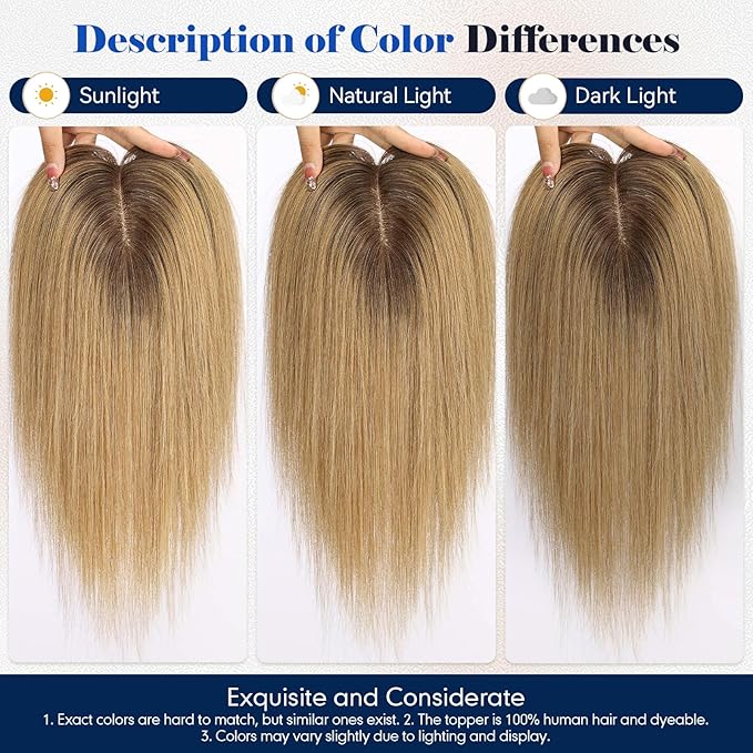 HAIRCUBE Hair Toppers For Women With Thinning 5"*5" Large Base Real Hair Toppers For Women, 14 Inch For Hand-Woven, 60g, Silk, Natural, realistic, Use Daily, Hairloss, Ombre Light Brown, with bangs