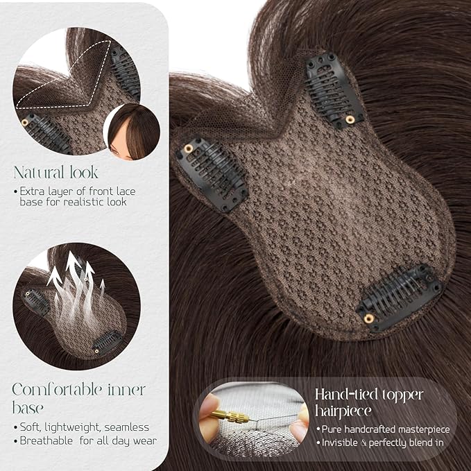 Hairro Human Hair Toppers For Women Lace Base Remy Topper Hair Pieces No Bangs Clip On Topper Handmade Wiglet Hair Extensions For Hair Loss 11 Inches 21g #02 Dark Brown