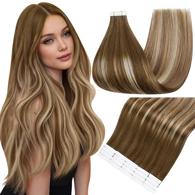 Full Shine Human Hair Extensions Tape in 20PCS Color 4/27/60/8 Brown and Blonde Seamless Skin Weft Tape in Hair Extensions Human Hair Ombre 18 Inch Remy Invisible Straight Hair 50grams for Women