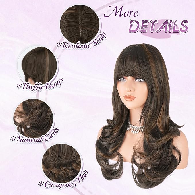 Haloo Brown Auburn Wigs with Bangs Long Wavy Layered Haircut Natural Looking Fluffy Synthetic Heat Resistant Hair Wig for Women Daily Party, 24 Inch Brown Mixed Auburn