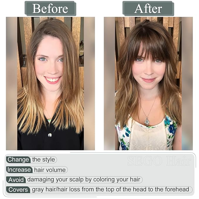 SEGO Hair Toppers for Women Real Human Hair with Thinning, with Front Bangs Clip in Toppers Straight 150% Density Silk Base -18 Inch #4/27 Medium Brown Mix Dark Blonde