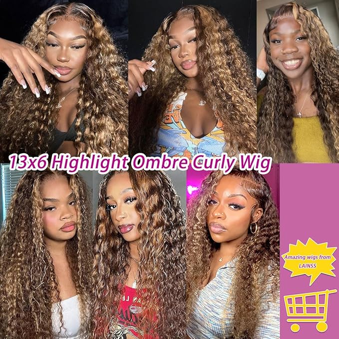 30inch 13x6 Highlight Ombre Deep Wave Lace Front Wigs Human Hair Pre Plucked 210% Density P4/27 Highlight Curly HD Transparent Lace Frontal Wigs with Baby Hair Wet and Wavy Human Hair Wig