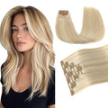 PINKPEARL Clip in Hair Extensions #27P60 Caramel Blonde Highlighted Platinum Blonde 120g 7pcs 14 Inch Clip in Hair Extensions Real Human Hair Hair Extension Clip Ins(#27P60-14)