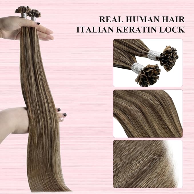 YoungSee U Tip Hair Extensions Human Hair Brown Highlight K Tip Hair Extensions Real Human Hair 24 Inch Keratin Hair Extension Blonde Highlight Utip Extension Dark Brown Highlight Blonde 50s/50g