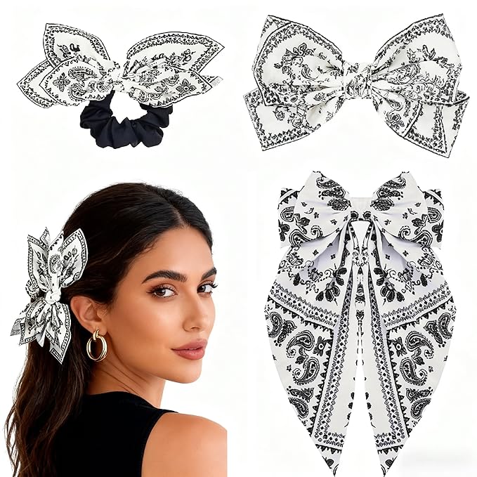 2Pcs Bow Claw Clips Boho Bandana Hair Bow Butterfly Styling Large Hair Clips for Women Large Claw Clips for Thick Hair (White)